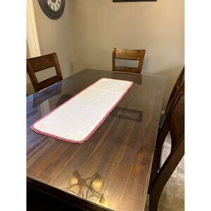 Vintage Table Runner Cream Linen Pink Crochet Trim 14.5x43.75 Table Decor Used